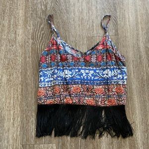 Boho printed fringe top